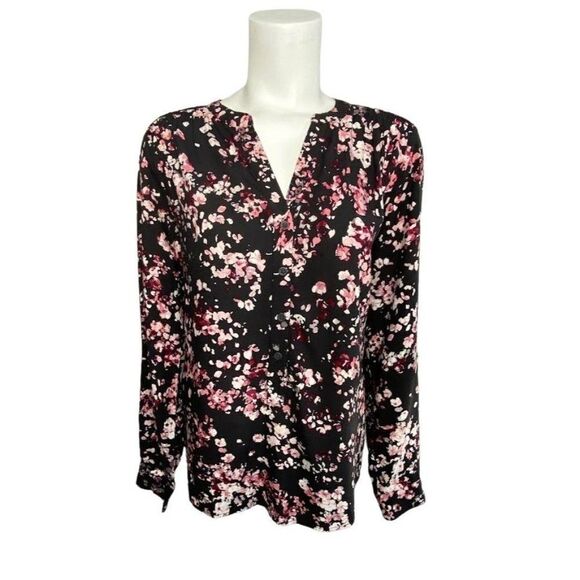 Womens BASS Split Neck Roll Tab Black Pink Floral Rayon Top Small - Picture 1 of 8